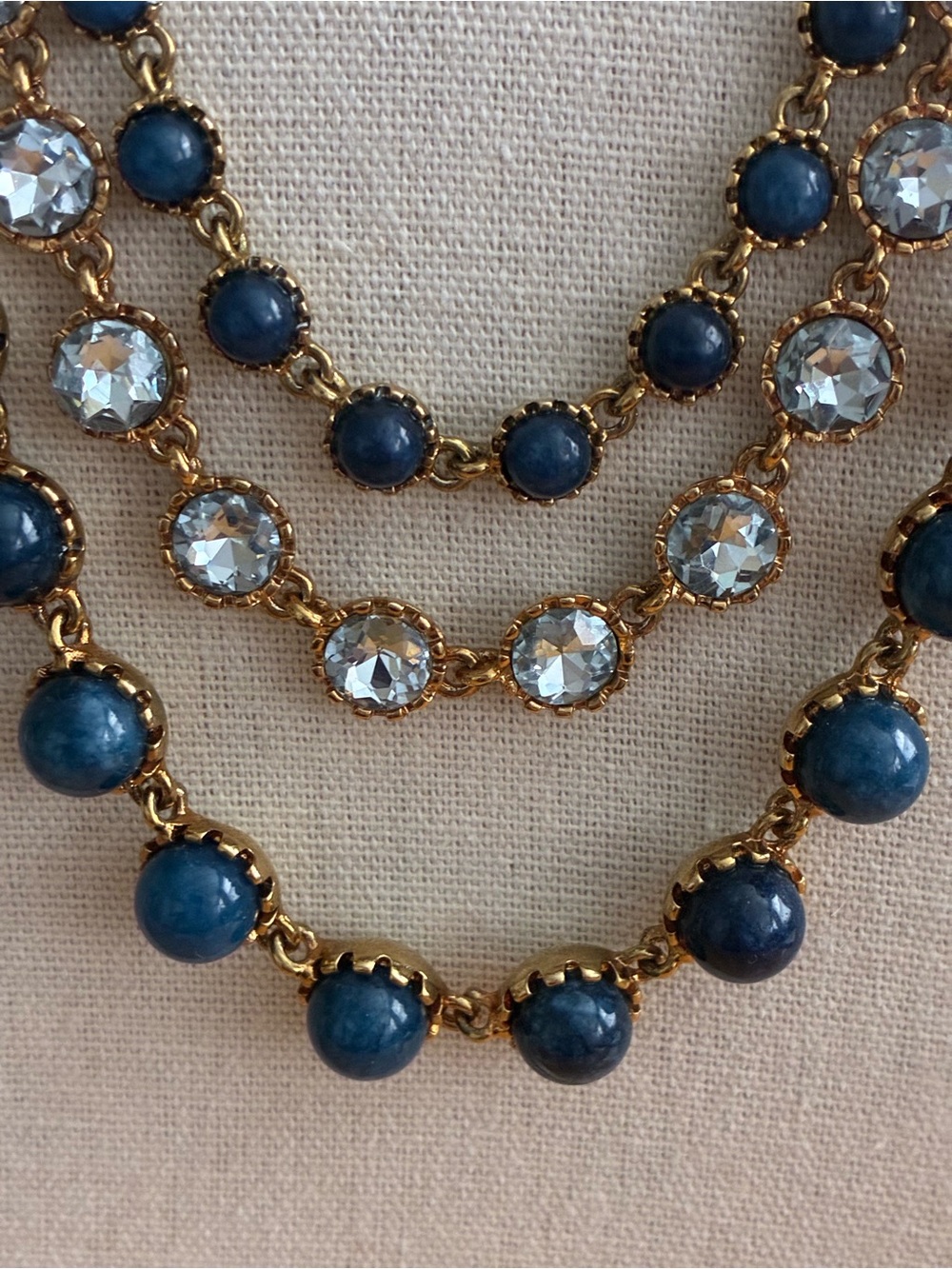 Three-Strand Gold Necklace with Navy Beads and Clear Crystals - Picture 3 of 6